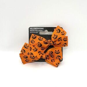 Halloween Hair Bows 2pc Set Orange Jack-O'-Lantern Print Papillon Accessories NW